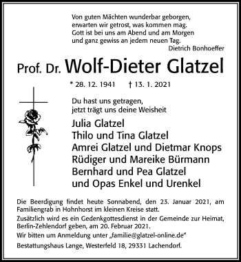 Traueranzeige von Wolf-Dieter Glatzel von Cellesche Zeitung