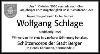 Traueranzeige von Wolfgang Schlage von Cellesche Zeitung