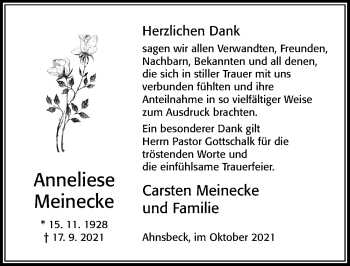 Traueranzeige von Anneliese Meinecke von Cellesche Zeitung