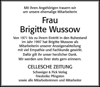 Traueranzeige von Brigitte Wussow von Cellesche Zeitung