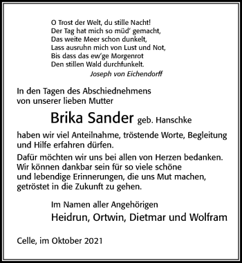 Traueranzeige von Brika Sander von Cellesche Zeitung