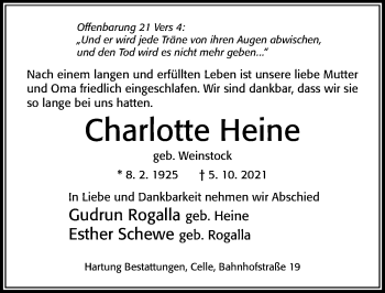 Traueranzeige von Charlotte Heine von Cellesche Zeitung