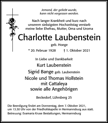 Traueranzeige von Charlotte Laubenstein von Cellesche Zeitung