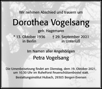 Traueranzeige von Dorothea Vogelsang von Cellesche Zeitung