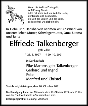 Traueranzeige von Elfriede Talkenberger von Cellesche Zeitung