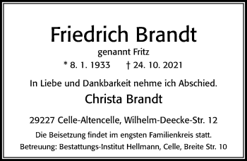 Traueranzeige von Friedrich Brandt von Cellesche Zeitung