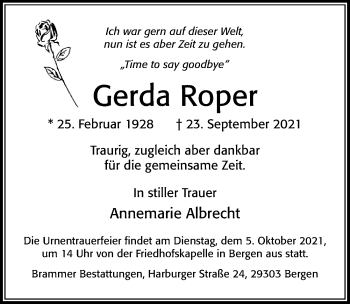 Traueranzeige von Gerda Roper von Cellesche Zeitung