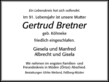 Traueranzeige von Gertrud Bretner von Cellesche Zeitung