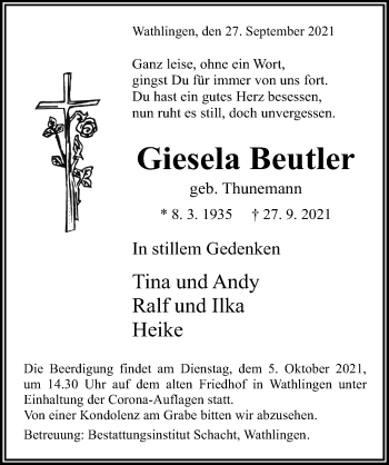 Traueranzeige von Giesela Beutler von Cellesche Zeitung