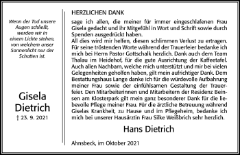 Traueranzeige von Gisela Dietrich von Cellesche Zeitung