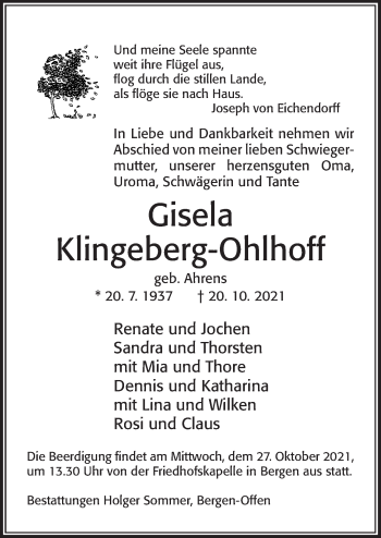 Traueranzeige von Gisela Klingeberg-Ohlhoff von Cellesche Zeitung