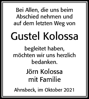 Traueranzeige von Gustel Kolossa von Cellesche Zeitung