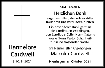 Traueranzeige von Hannelore Cardwell von Cellesche Zeitung