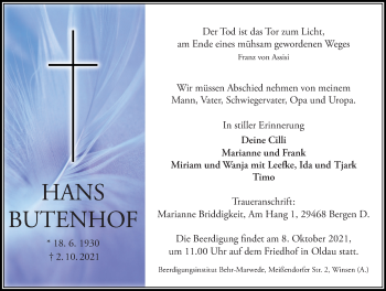 Traueranzeige von Hans Butenhof von Cellesche Zeitung