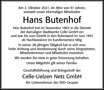 Traueranzeige von Hans Butenhof von Cellesche Zeitung