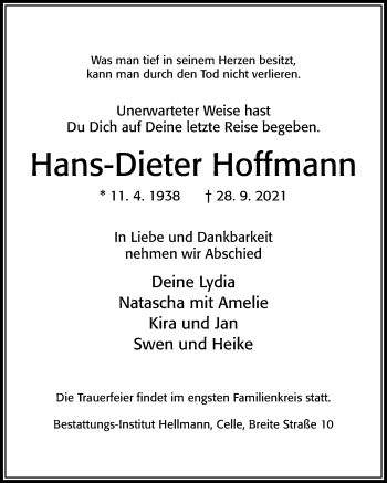 Traueranzeige von Hans-Dieter Hoffmann von Cellesche Zeitung