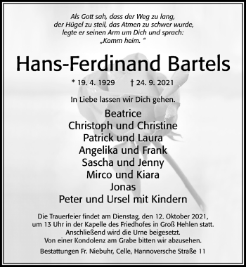 Traueranzeige von Hans-Ferdinand Bartels von Cellesche Zeitung