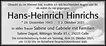 Traueranzeige von Hans-Heinrich Hinrichs von Cellesche Zeitung