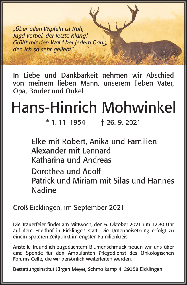  Traueranzeige für Hans-Hinrich Mohwinkel vom 02.10.2021 aus Cellesche Zeitung