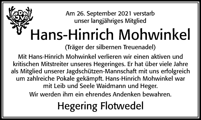  Traueranzeige für Hans-Hinrich Mohwinkel vom 05.10.2021 aus Cellesche Zeitung
