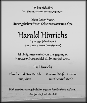 Traueranzeige von Harald Hinrichs von Cellesche Zeitung