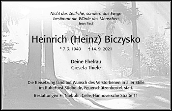 Traueranzeige von Heinrich Biczysko von Cellesche Zeitung