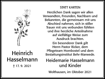 Traueranzeige von Heinrich Hasselmann von Cellesche Zeitung