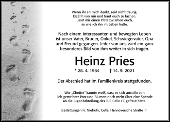 Traueranzeige von Heinz Pries von Cellesche Zeitung