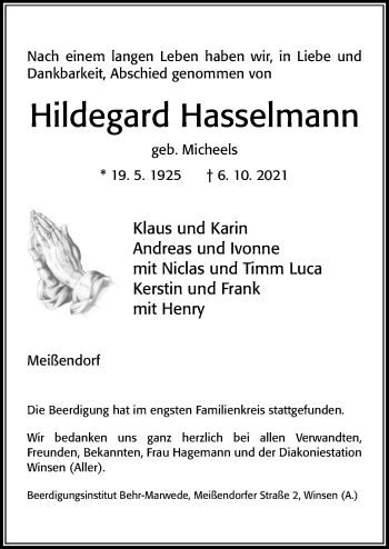 Traueranzeige von Hildegard Hasselmann von Cellesche Zeitung