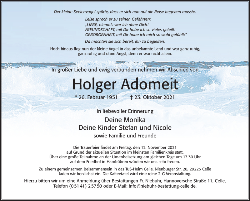  Traueranzeige für Holger Adomeit vom 30.10.2021 aus Cellesche Zeitung