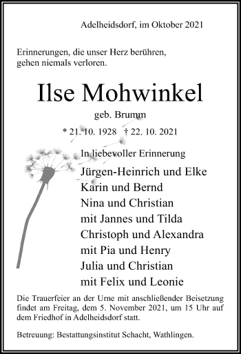 Traueranzeige von Ilse Mohwinkel von Cellesche Zeitung