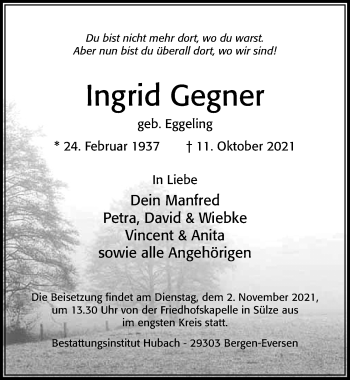 Traueranzeige von Ingrid Gegner von Cellesche Zeitung