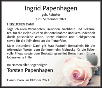Traueranzeige von Ingrid Papenhagen von Cellesche Zeitung