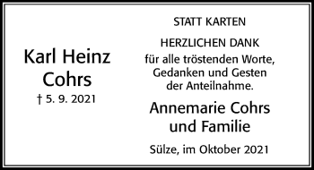 Traueranzeige von Karl Heinz Cohrs von Cellesche Zeitung