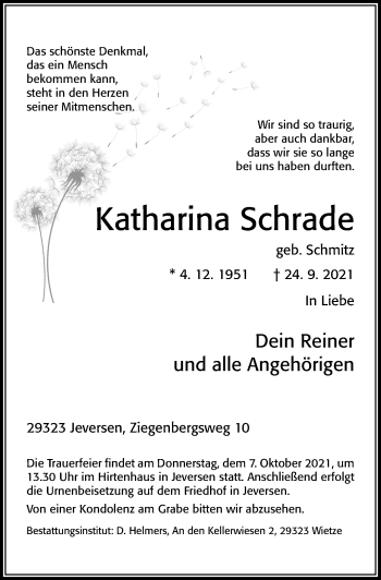 Traueranzeige von Katharina Schrade von Cellesche Zeitung