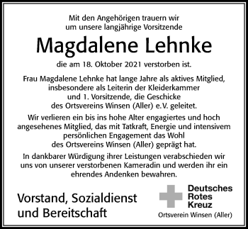 Traueranzeige von Magdalene Lehnke von Cellesche Zeitung