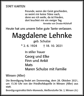 Traueranzeige von Magdalene Lehnke von Cellesche Zeitung