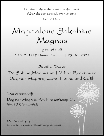 Traueranzeige von Magdalene Jakobine Magnus von Cellesche Zeitung