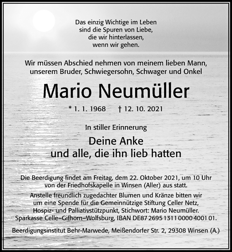  Traueranzeige für Mario Neumüller vom 16.10.2021 aus Cellesche Zeitung
