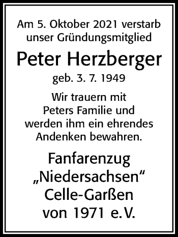 Traueranzeige von Peter Herzberger von Cellesche Zeitung