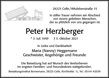Traueranzeige von Peter Herzberger von Cellesche Zeitung
