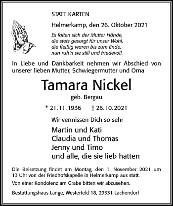 Traueranzeige von Tamara Nickel von Cellesche Zeitung