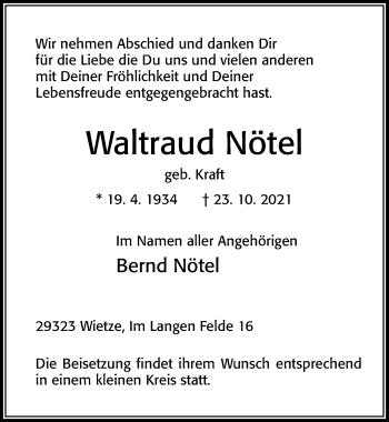 Traueranzeige von Waltraud Nötel von Cellesche Zeitung