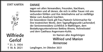 Traueranzeige von Wilfriede Gerlof von Cellesche Zeitung