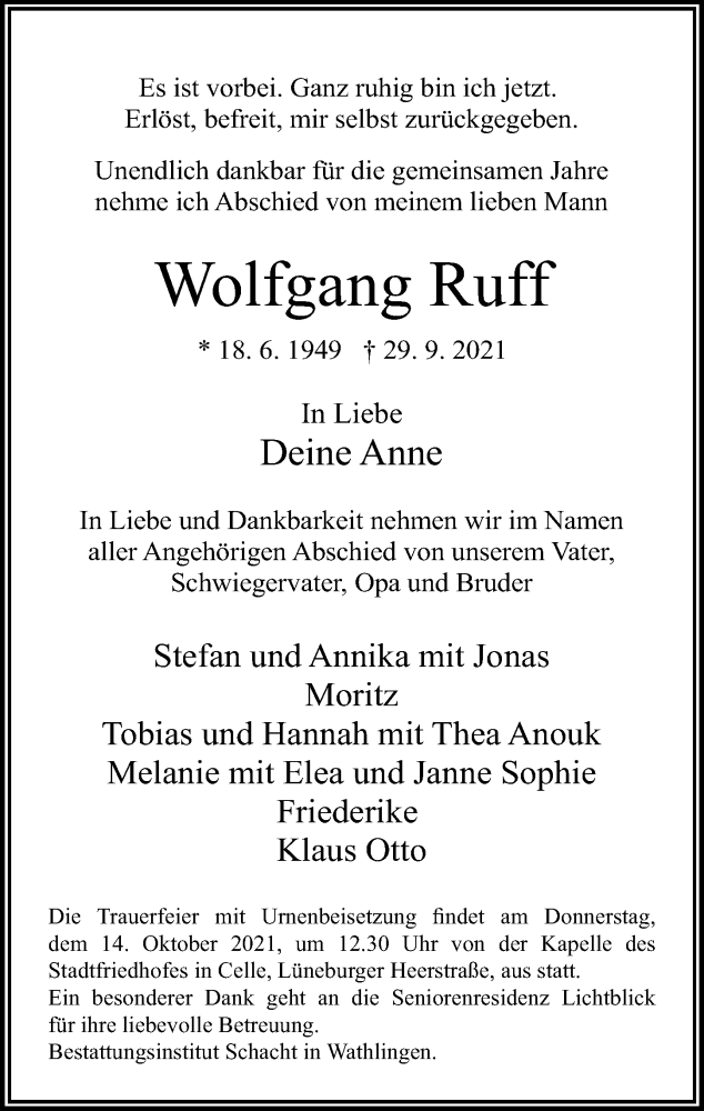  Traueranzeige für Wolfgang Ruff vom 06.10.2021 aus Cellesche Zeitung