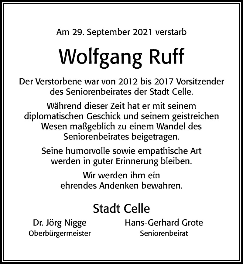  Traueranzeige für Wolfgang Ruff vom 06.10.2021 aus Cellesche Zeitung