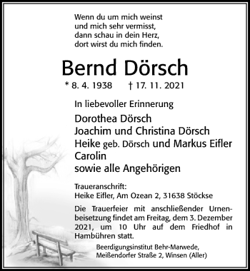 Traueranzeige von Bernd Dörsch von Cellesche Zeitung