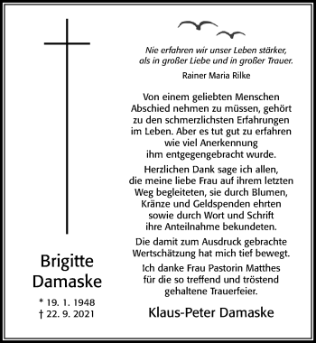 Traueranzeige von Brigitte Damaske von Cellesche Zeitung