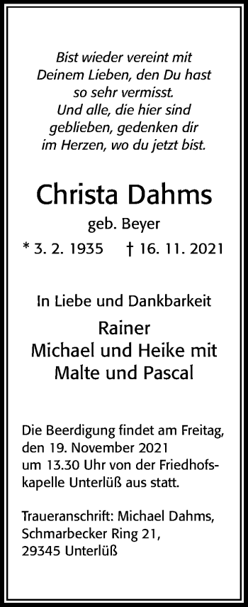 Traueranzeige von Christa Dahms von Cellesche Zeitung