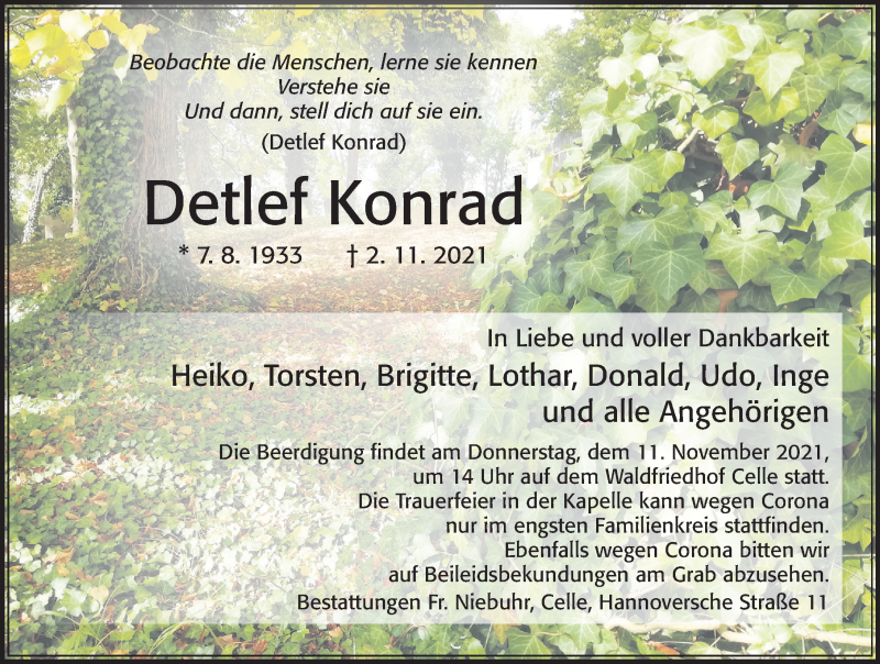  Traueranzeige für Detlef Konrad vom 06.11.2021 aus Cellesche Zeitung